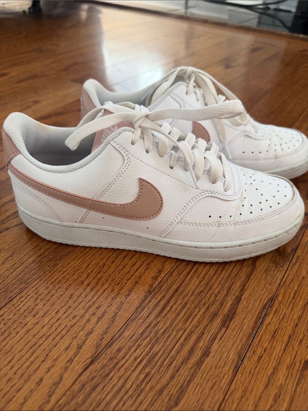 Nike Women’s White Sneakers with Blush Pink Swoosh